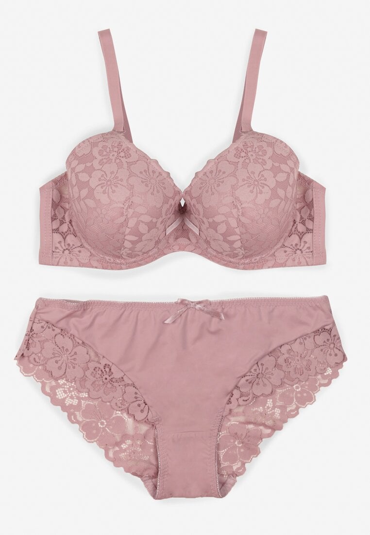 Jasnofioletowy Koronkowy Komplet Biustonosz i Majtki Figi w Klasycznym Stylu Ezirene