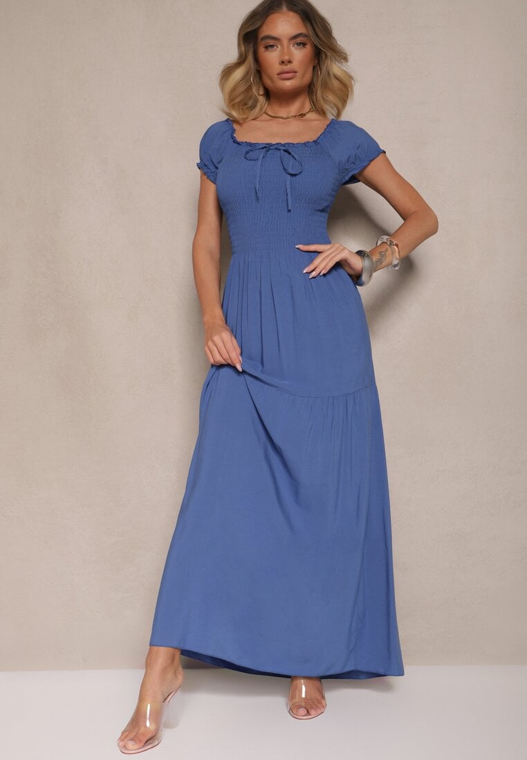 Niebieska Sukienka z Wiskozy w Stylu Hiszpanki Ozdobiona Marszczeniem Jenalena