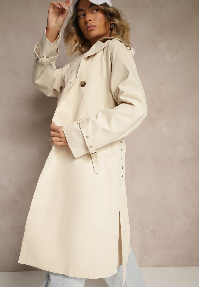 Jasnobeżowy Dwurzędowy Płaszcz Typu Trencz z Pagonami i Paskiem w Talii Malwizia