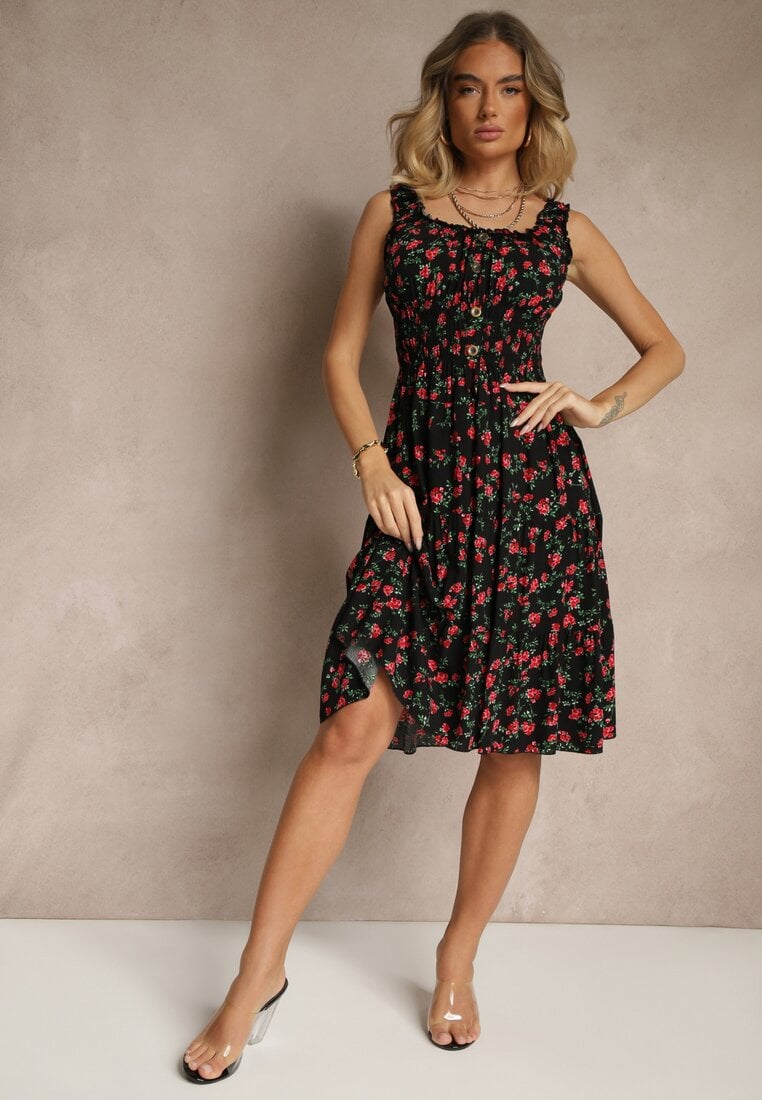 Czarna Rozkloszowana Sukienka na Ramiączkach w Kwiatowy Print Xallio