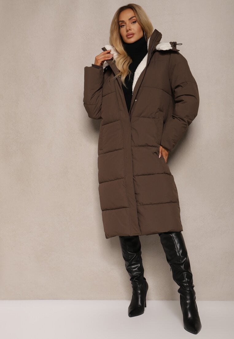 Brązowa Pikowana Kurtka o Długim Kroju z Odpinanym Kapturem i Kieszeniami Etanore