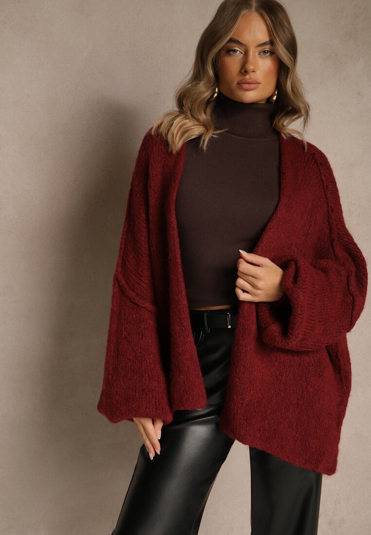 Bordowy Niezapinany Kardigan Nietoperzowy z Dodatkiem Wełny i Wiskozy Rallidia