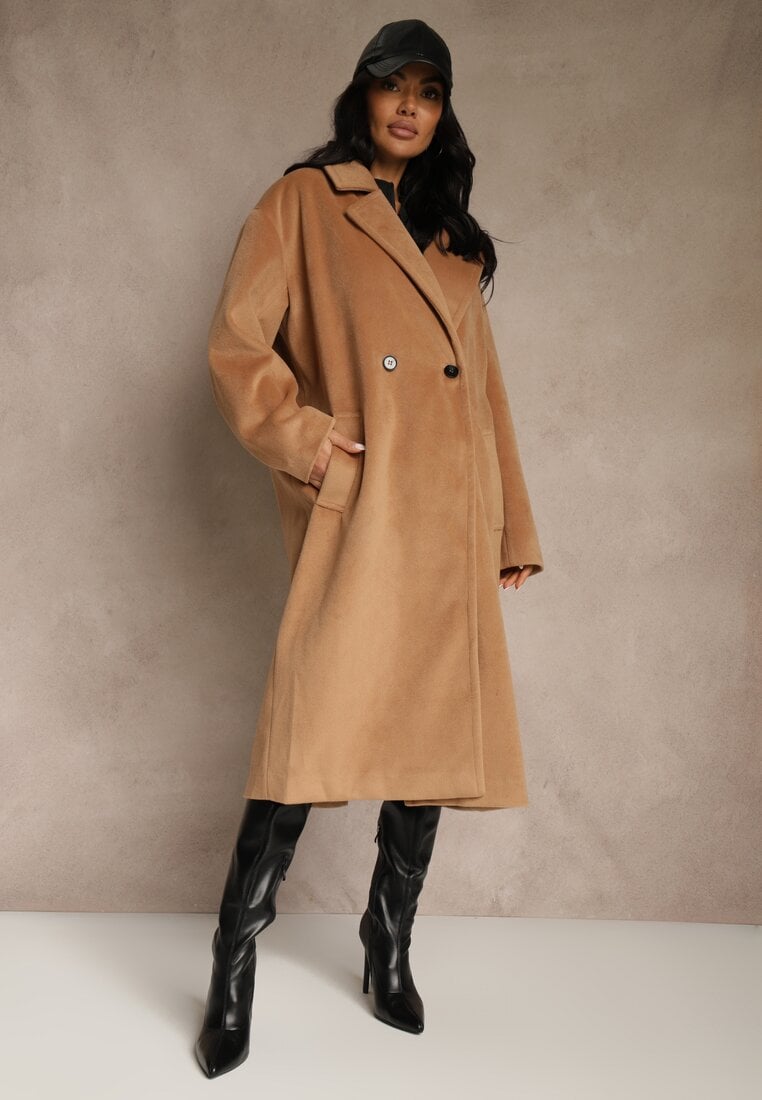 Ciemnobeżowy Klasyczny Płaszcz o Dwurzędowym Kroju z Kieszeniami Malwilina