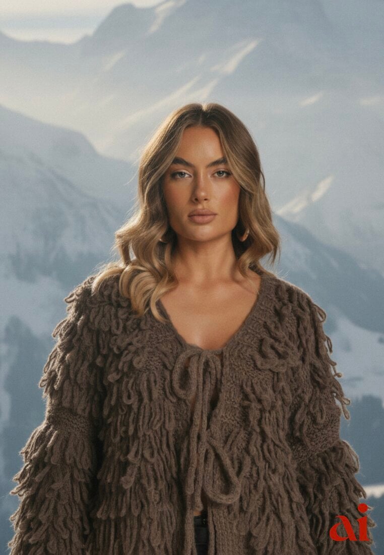 Jasnobrązowy Kardigan z Wiązaniem i Frędzlami z Domieszką Wełny i Wiskozy Tiseana