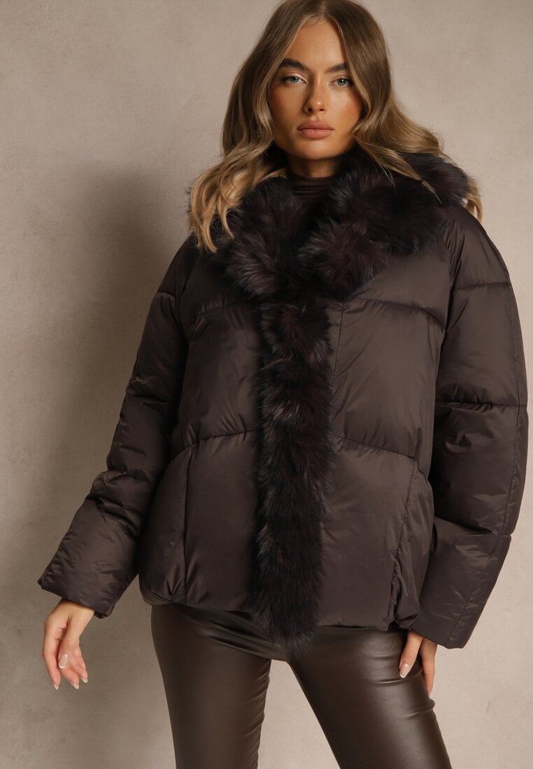Brązowa Oversizowa Kurtka z Pikowanymi Przeszyciami i Futrem Silvitila