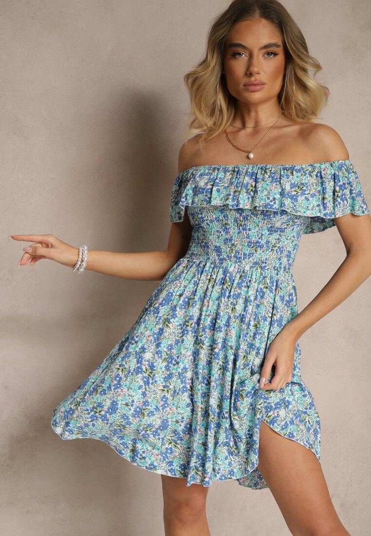 Niebieska Bawełniana Sukienka Hiszpanka w Kwiaty z Falbankami Nairavie