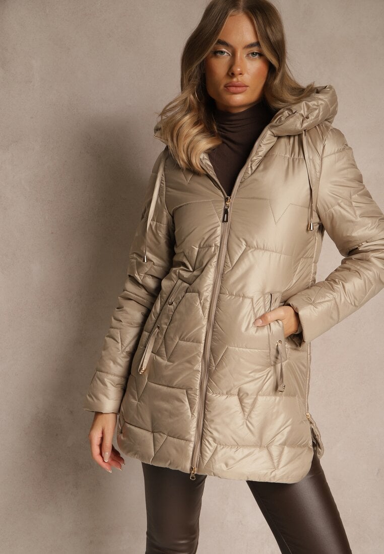 Beżowa Przejściowa Kurtka z Pikowanymi Przeszyciami Kapturem i Suwakami Taranessa