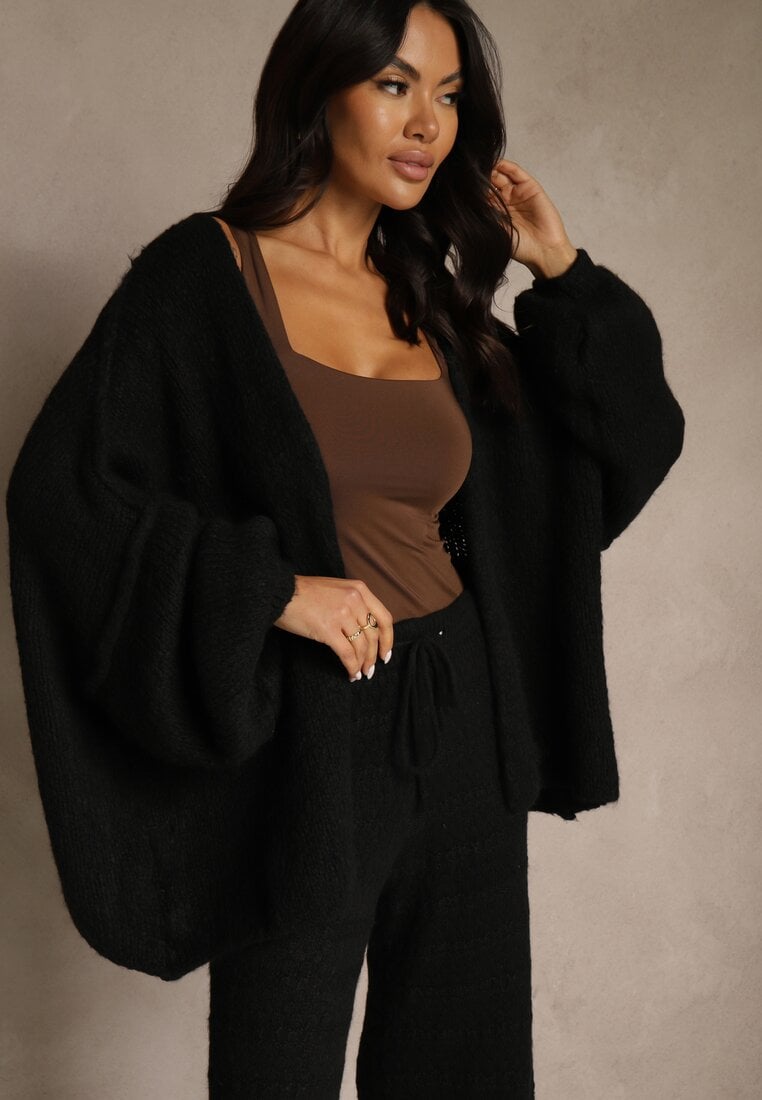 Czarny Niezapinany Kardigan Nietoperzowy z Dodatkiem Wełny i Wiskozy Rallidia