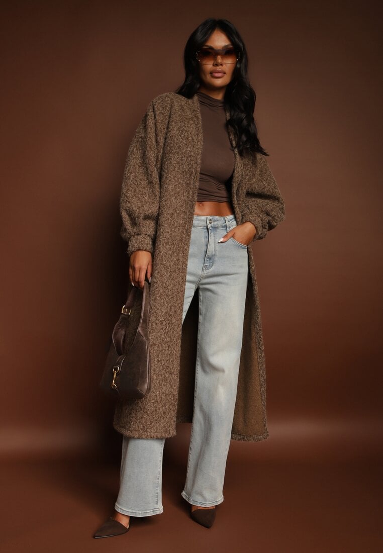 Brązowy Kardigan Niezapinany o Długim Kroju Ozdobiony Szerokimi Rękawami Tifilina