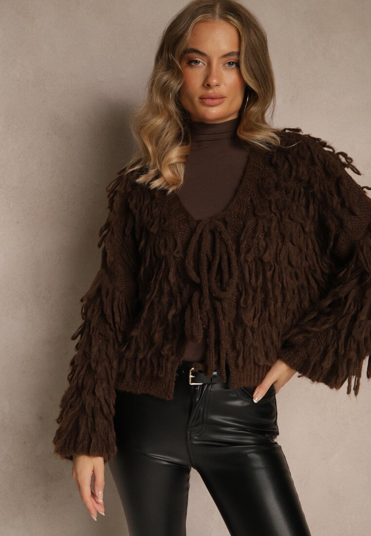 Brązowy Kardigan z Wiązaniem i Frędzlami z Domieszką Wełny i Wiskozy Tiseana