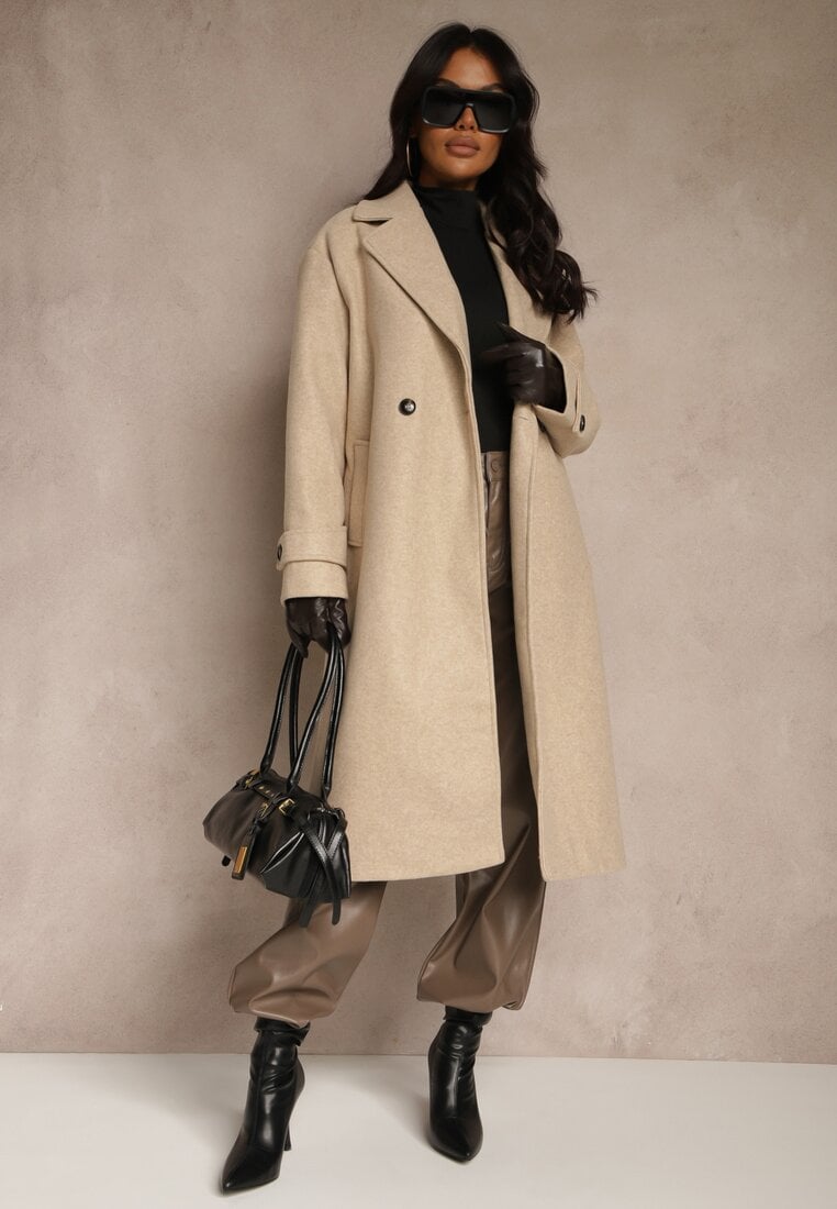 Beżowy Elegancki Płaszcz z Wełny i Wiskozy o Dwurzędowym Kroju Oversize Tilisana