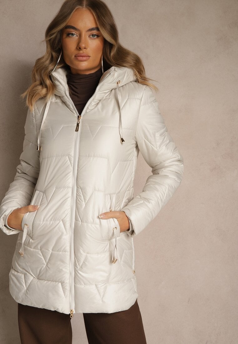 Jasnobeżowa Przejściowa Kurtka z Pikowanymi Przeszyciami Kapturem i Suwakami Taranessa