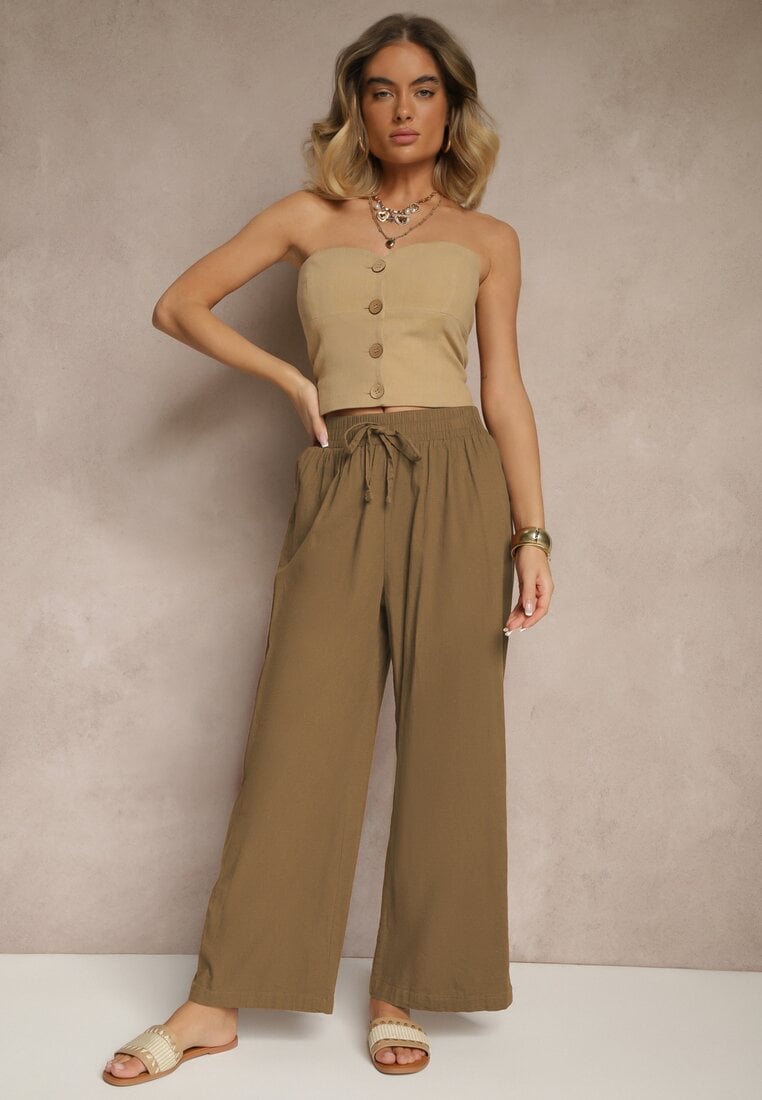 Jasnobrązowe Spodnie High Waist Szerokie z Bawełny Wiązane w Pasie z Gumką w Talii Yaslio