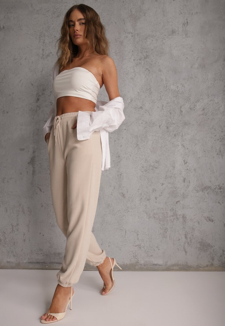 Beżowe Dresowe Spodnie z Bawełny z Ociepleniem Ozdobione Sznurkiem Citila