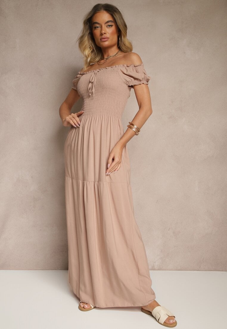 Beżowa Sukienka z Wiskozy w Stylu Hiszpanki Ozdobiona Marszczeniem Jenalena