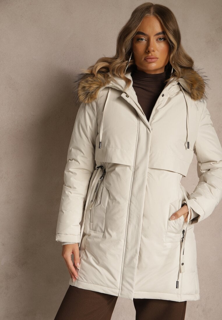 Biała Klasyczna Kurtka Parka z Kapturem z Futrem Nalisava