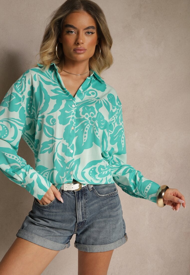 Niebieska Koszula Oversize w Kwiatowy Print Boinea