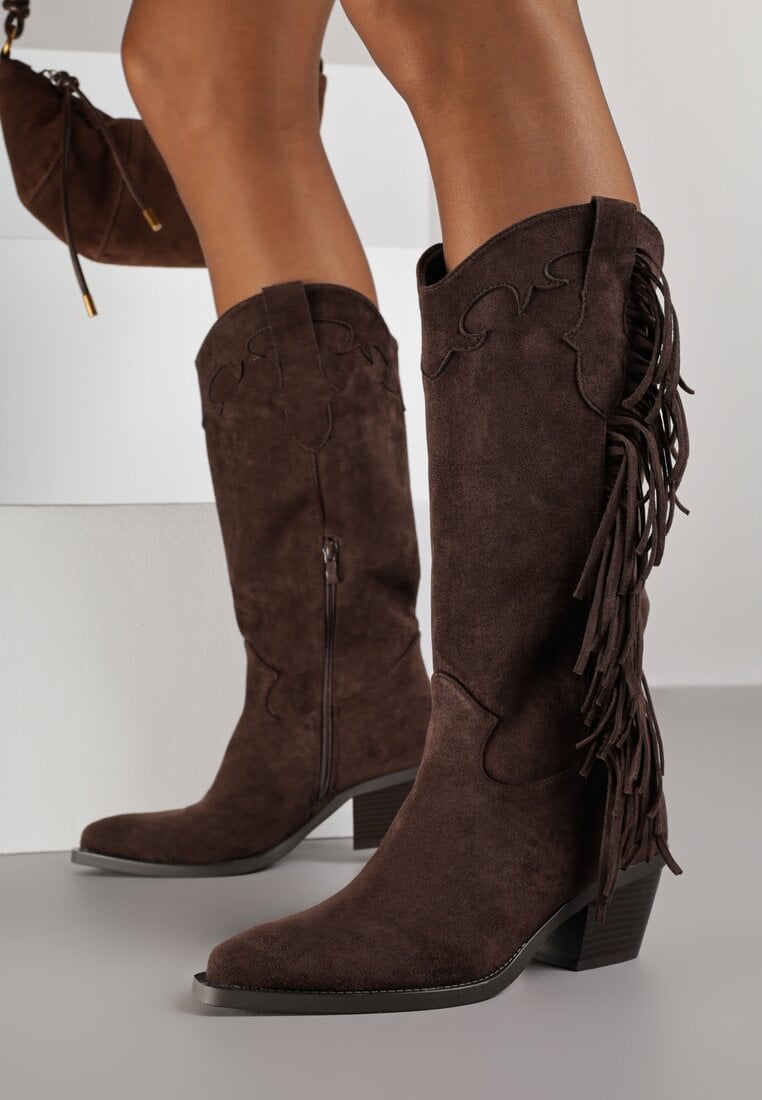 Ciemnobrązowe Kozaki Kowbojki na Stożku Ozdobione Frędzlami Reianeva