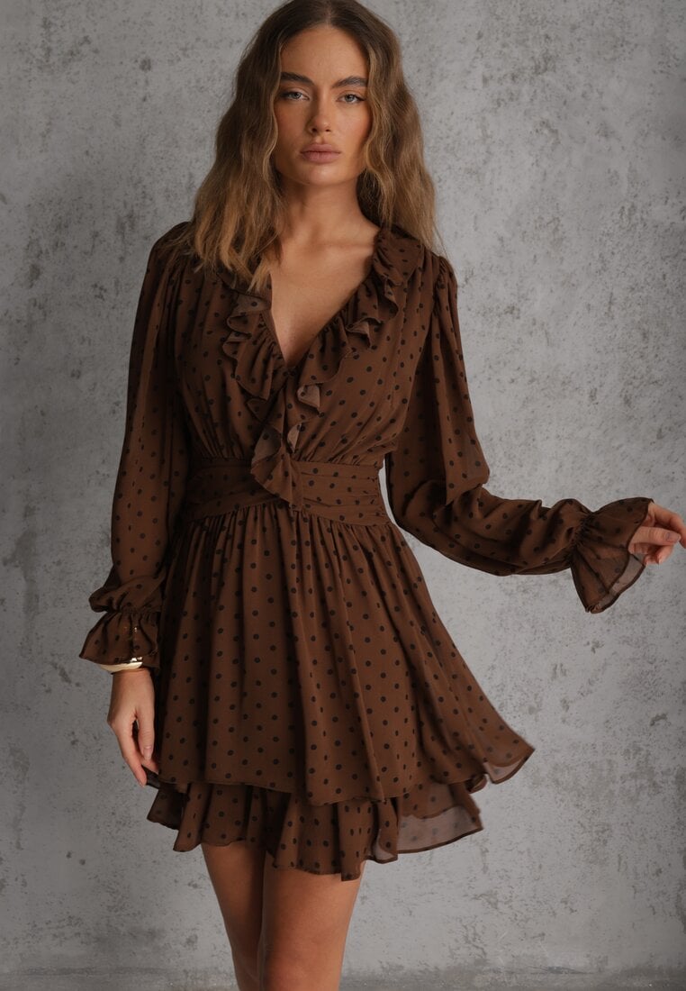 Brązowa Rozkloszowana Sukienka z Siateczki w Groszki z Falbankami Nesiba
