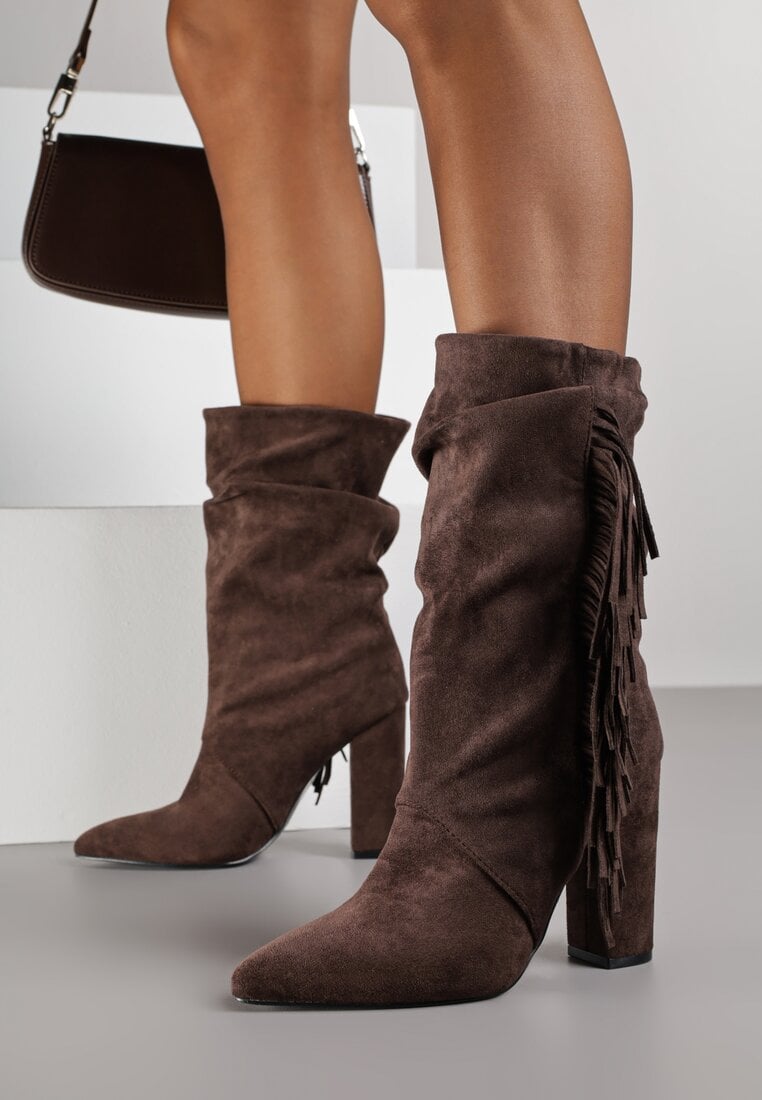 Brązowe Botki Kowbojki na Słupku z Frędzlami Reisetia