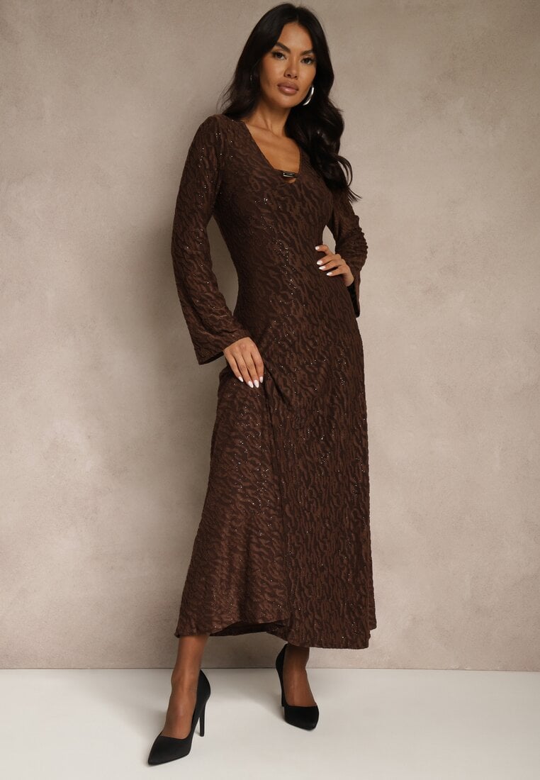 Brązowa Rozkloszowana Sukienka Longsleeve w Zebrę Zdobiona Brokatem Mevilisa