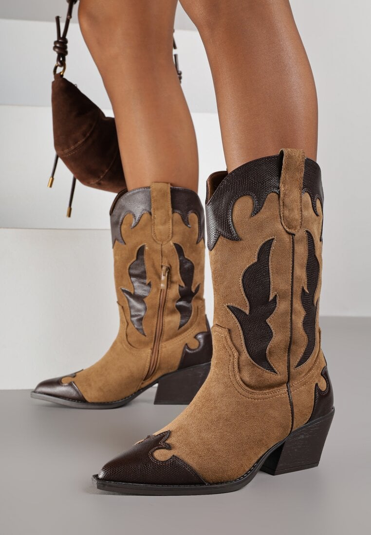 Brązowe Kozaki Kowbojki na Stożku z Tłoczoną Cholewką Avrenne