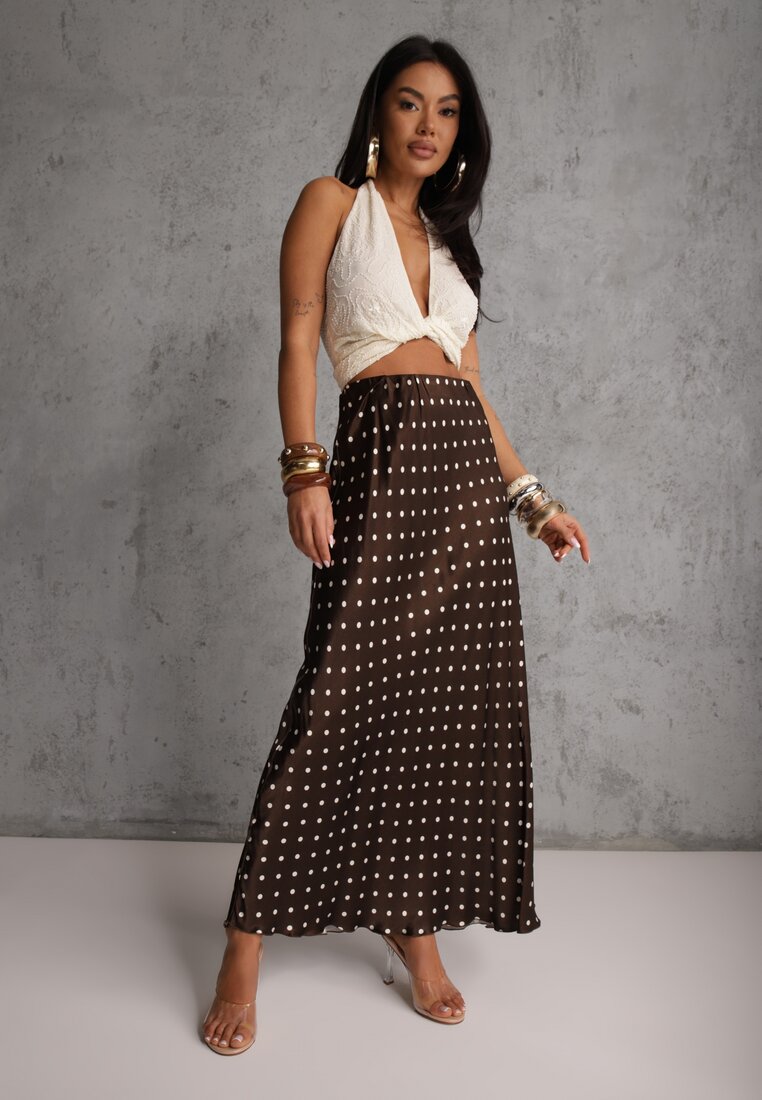 Brązowa Satynowa Spódnica z Wiskozy w Groszki o Rozkloszowanym Kroju Fediska