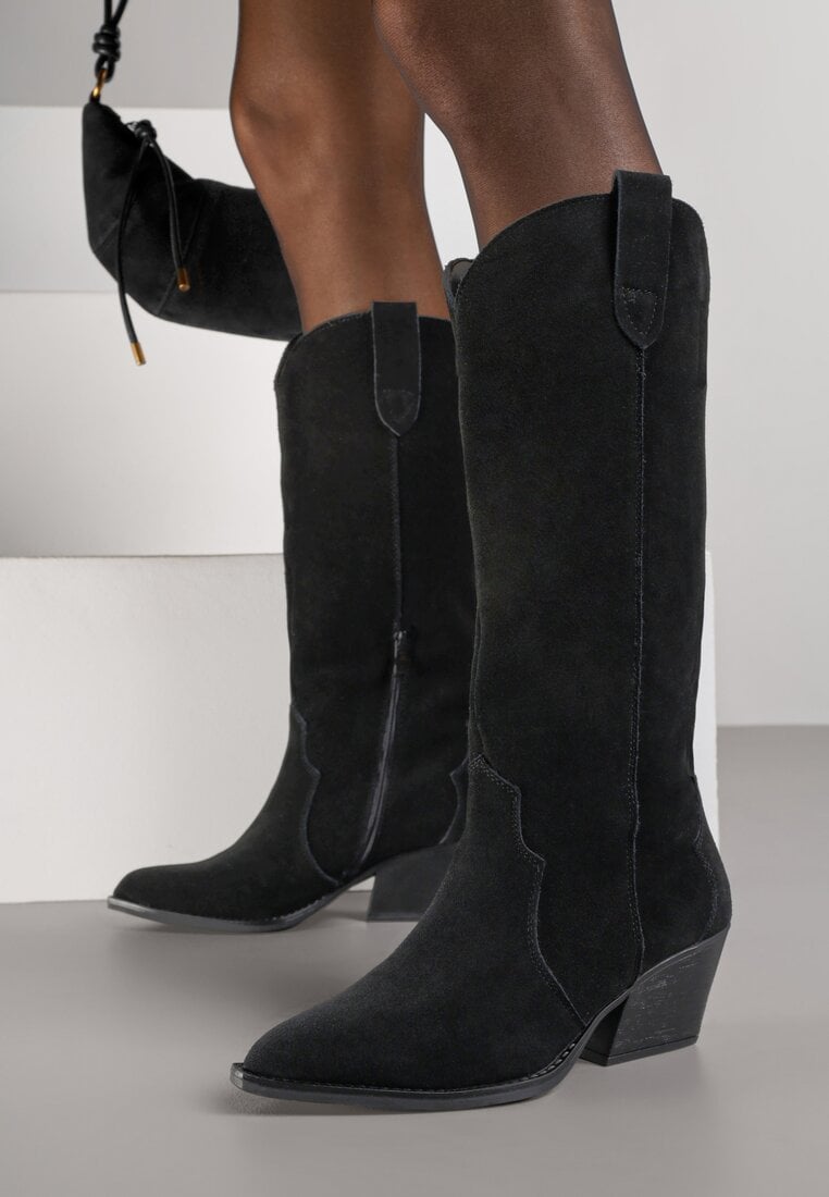 Czarne Kozaki Typu Kowbojki na Stożku z Naturalnego Zamszu Adeora