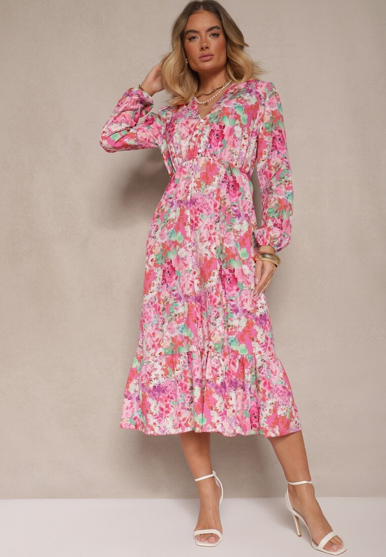 Różowa Sukienka w Kwiatowy Print o Rozkloszowanym Kroju z Dekoltem w Serek Janellia