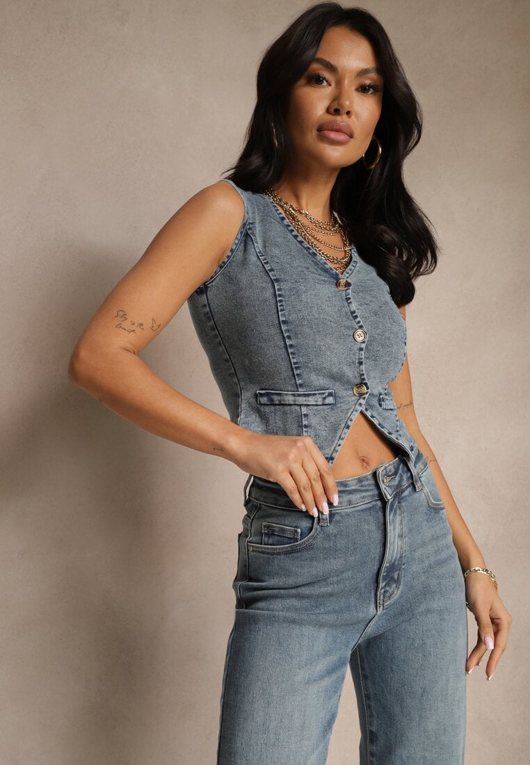 Niebieska Kamizelka Jeansowa z Bawełną Ozdobiona Imitacją Kieszeni Mailirisa