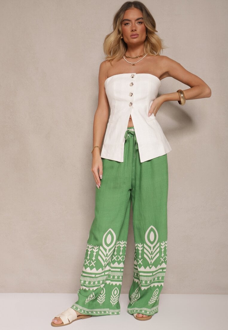Zielone Szerokie Spodnie z Wiskozy z Gumką w Talii Zdobione Etnicznym Wzorem Soleldi