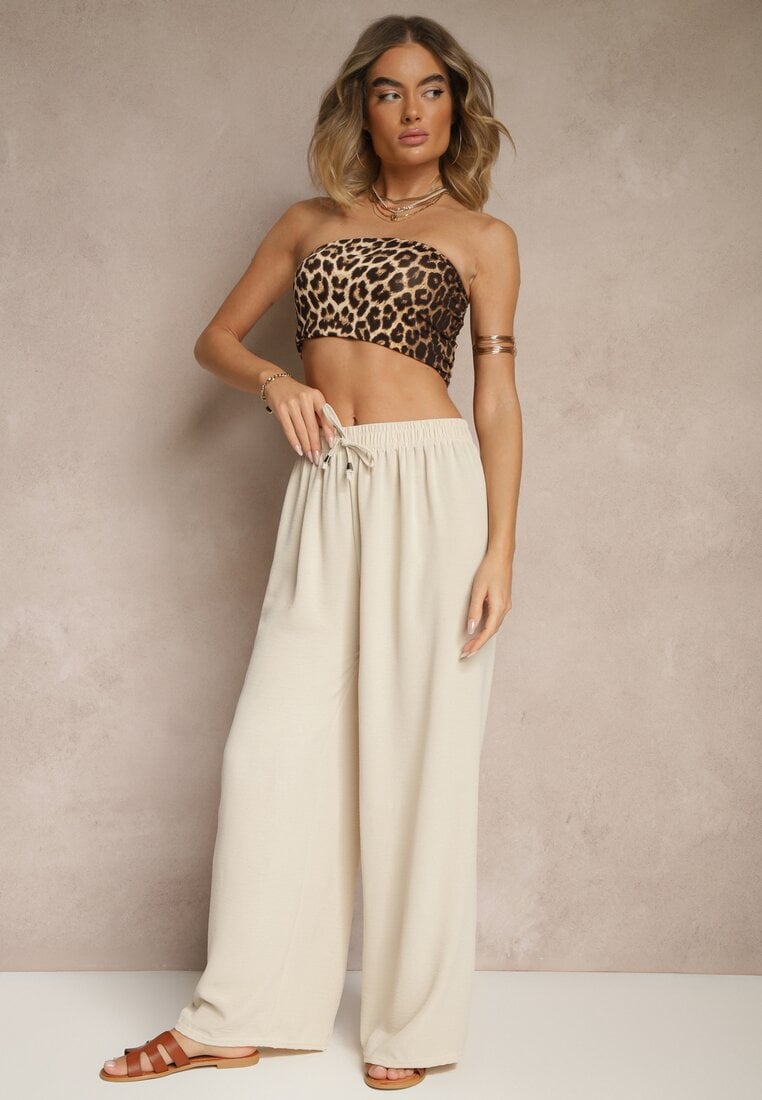 Jasnobeżowe Spodnie z Bawełną o Szerokim Kroju z Wiązaniem Rosanelisa