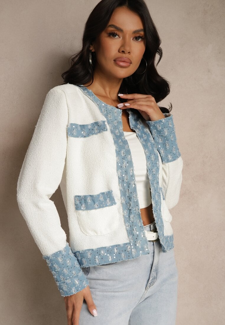 Biało-Niebieska Marynarka o Pudełkowym Kroju z Tłoczonymi Zdobieniami Ranolea