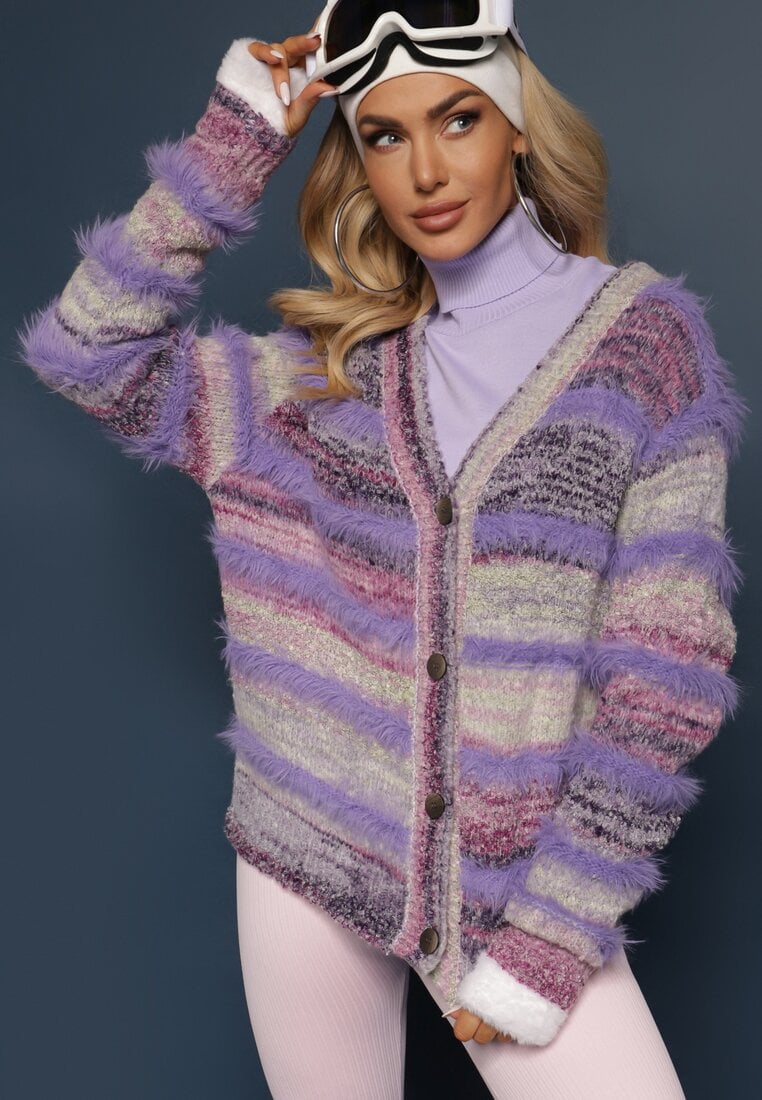 Fioletowy Rozpinany Kardigan z Wiskozą i Wełną w Paski Esamara