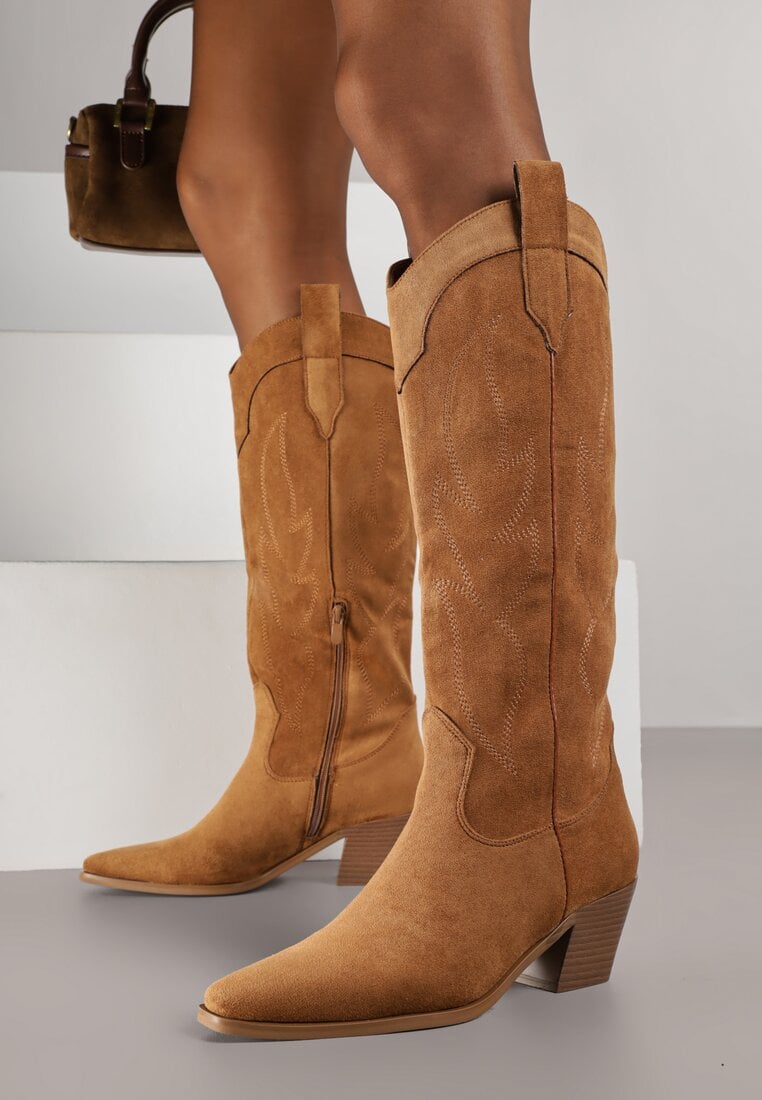 Jasnobrązowe Haftowane Kozaki Kowbojki na Stożkowym Obcasie Galianna