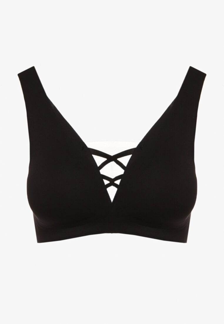 Czarny Sportowy Biustonosz Zdobiony Siateczką i Gorsetową Aplikacją Salinalla