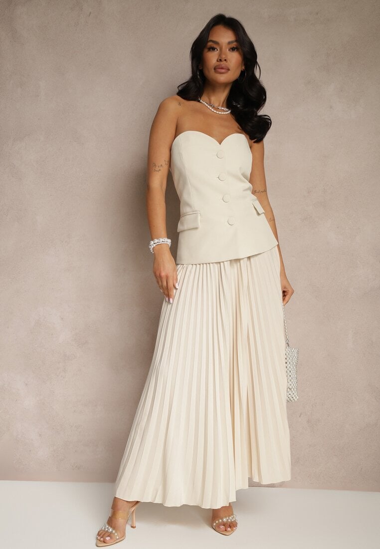 Jasnobeżowa Rozkloszowana Spódnica z Gumką w Talii Zdobiona Plisami Firlimi