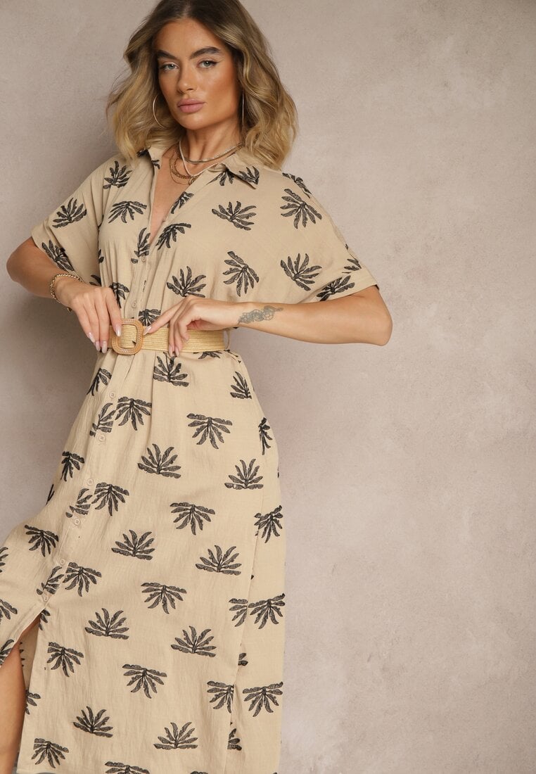 Beżowa Wiskozowa Sukienka o Koszulowym Kroju z Haftem i Paskiem z Klamrą Lioessa