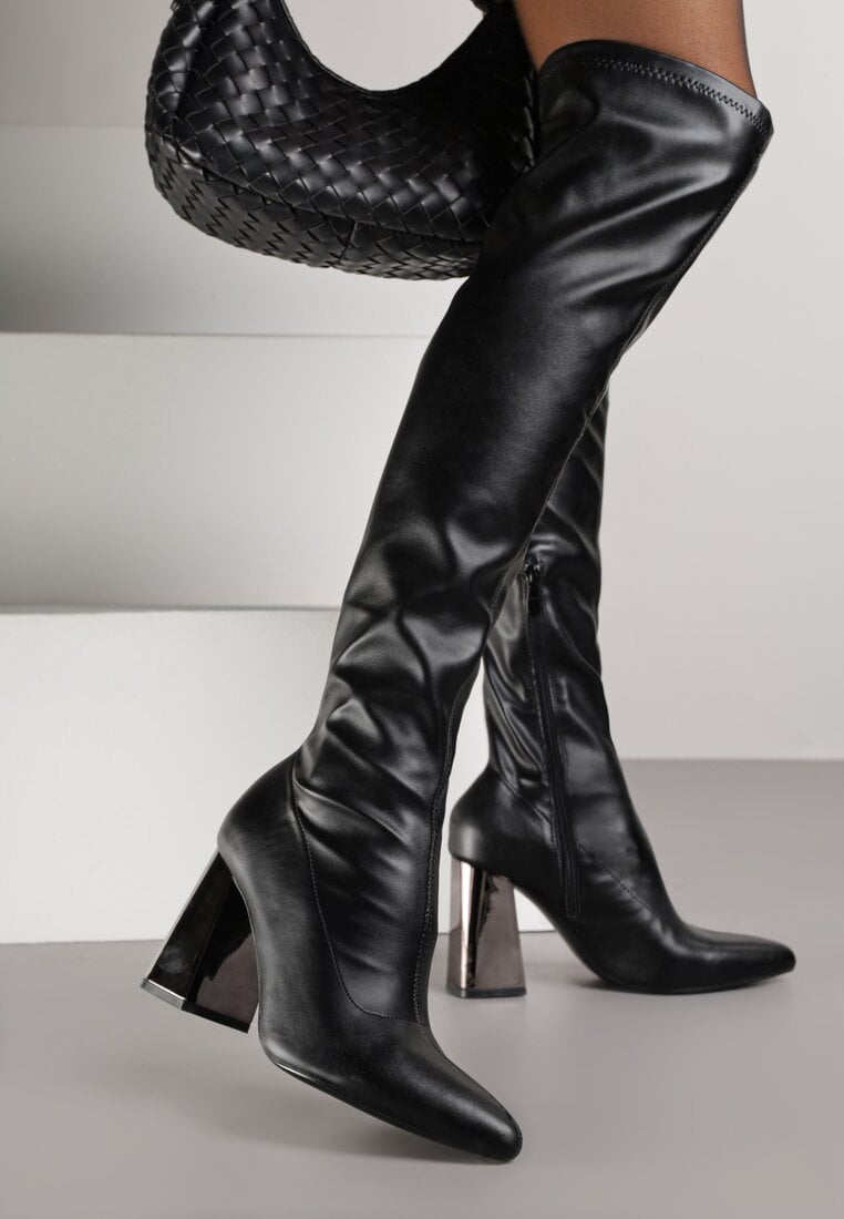 Czarne Dopasowane Kozaki Vices za Kolano na Metalicznym Słupku Todvira