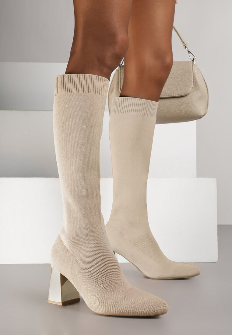 Ciemnobeżowe Eleganckie Kozaki VICES na Metalicznym Obcasie ze Skarpetkową Cholewką Nalaina