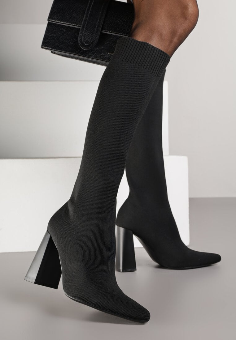 Czarne Kozaki VICES na Słupku ze Skarpetkową Cholewką Zevona