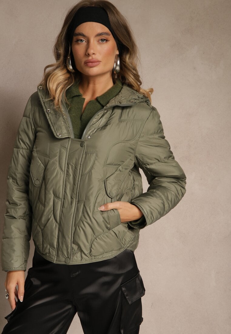 Jasnozielona Kurtka Przejściowa z Kapturem w Oryginalne Pikowane Przeszycia Arivitta