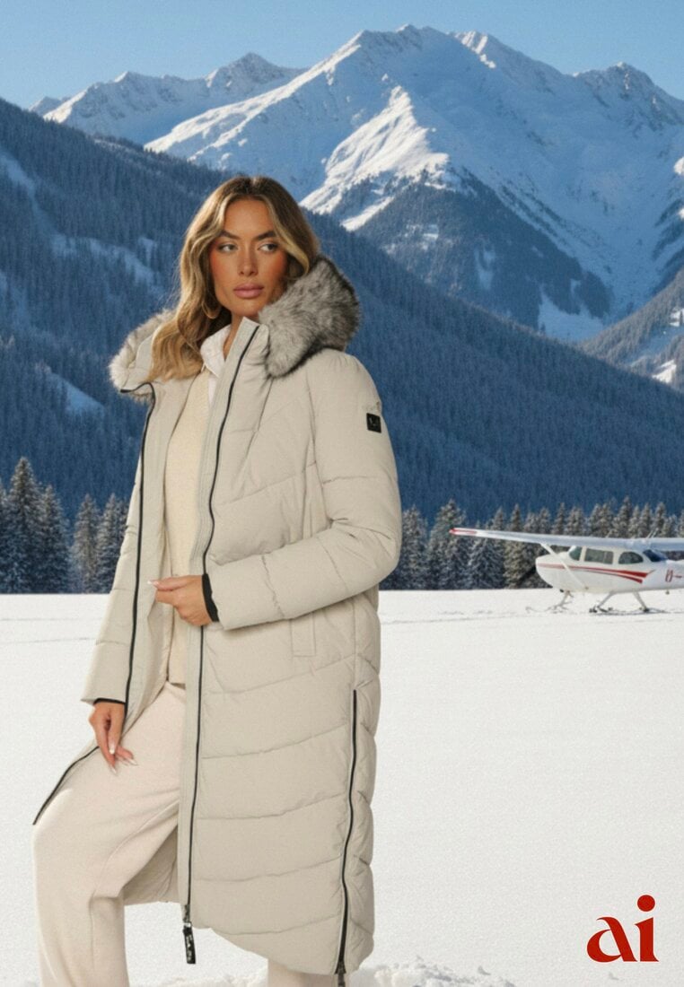 Beżowa Pikowana Kurtka o Długim Kroju z Kapturem z Futrem Galianesa