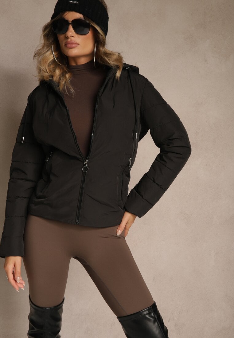 Czarna Pikowana Kurtka Przejściowa z Kapturem z Możliwością Odpięcia Olantta