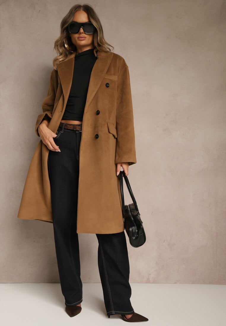 Brązowy Klasyczny Płaszcz Dwurzędowy z Kieszeniami Tereti