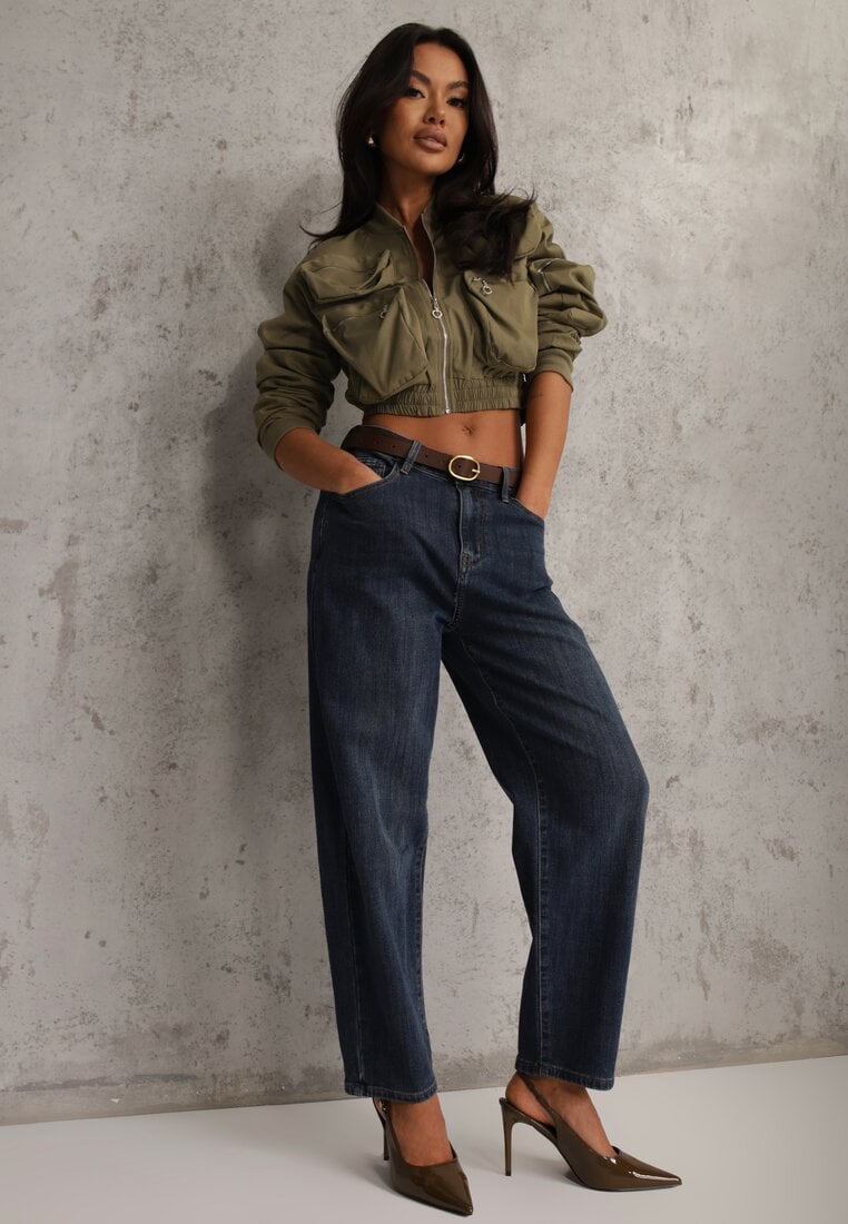 Granatowe Jeansy Mom Fit High Waist z Wiskozą Erralia