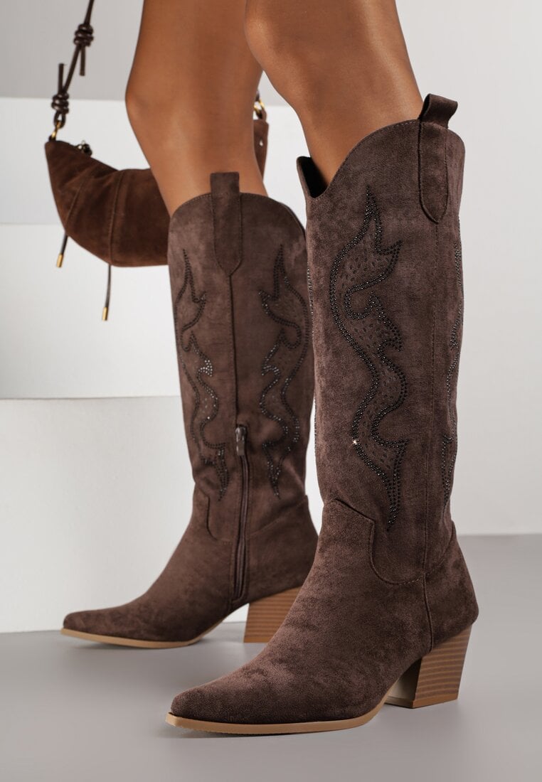 Brązowe Kozaki Kowbojki na Stożkowym Obcasie Zdobione Cyrkoniami Nalasania