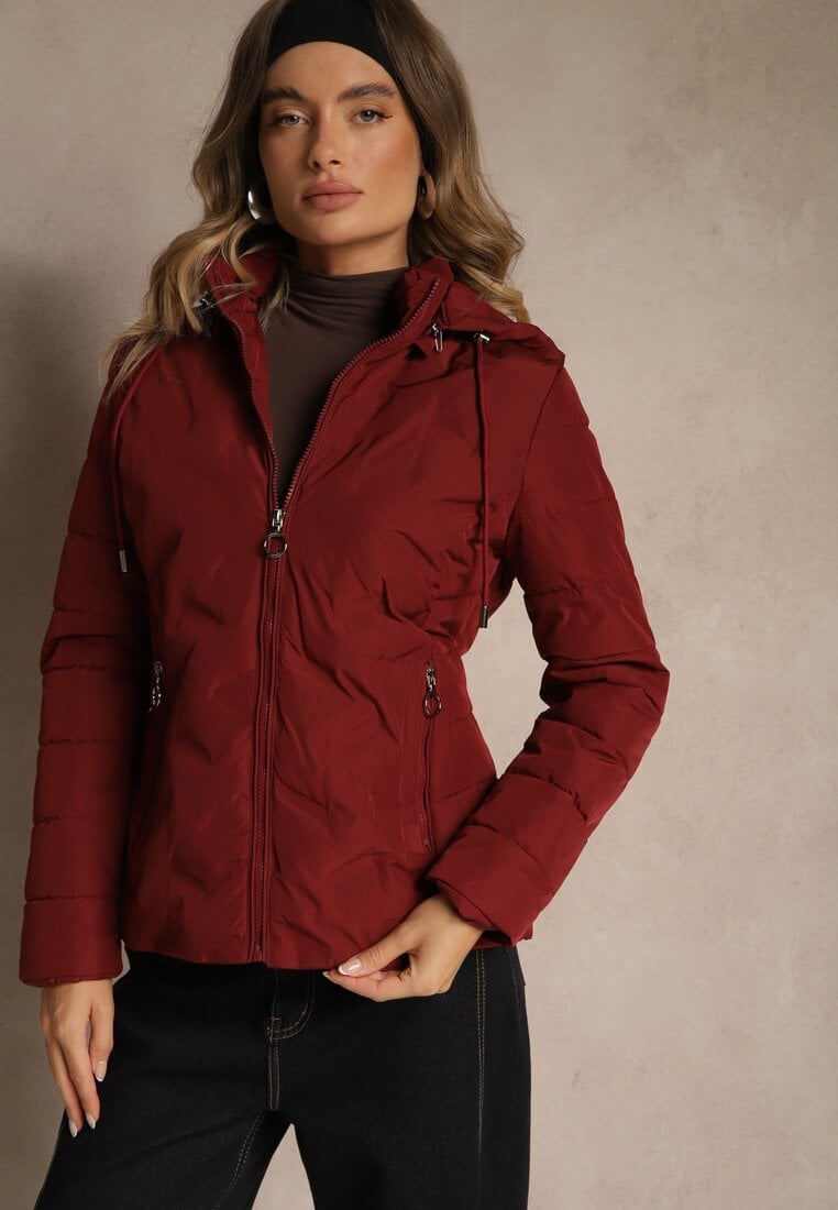 Bordowa Pikowana Kurtka Przejściowa z Kapturem z Możliwością Odpięcia Olantta
