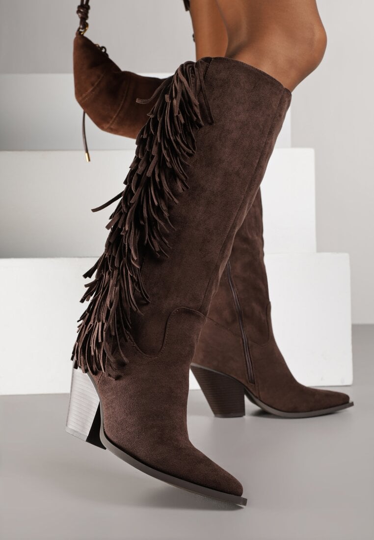 Ciemnobrązowe Kozaki Kowbojki z Imitacji Zamszu z Frędzlami i Stożkowym Obcasem Rafilea