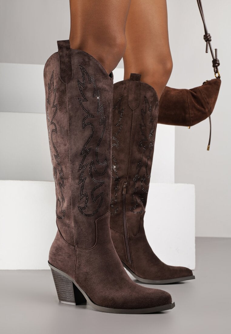 Ciemnobrązowe Kozaki Kowbojki na Stożkowym Obcasie Zdobione Cyrkoniami Nalera
